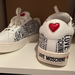 Love Moschino White Sneakers with Red Heart and Black Text
